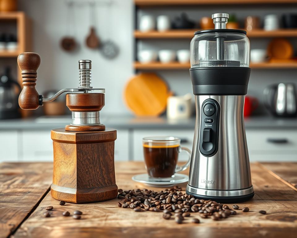 A visually striking comparison of a hand crank coffee grinder and an electric coffee grinder, set on a rustic wooden table. In the foreground, the hand crank grinder, crafted from polished wood and metal, displays intricate details like its textured handle and grinding mechanism. Beside it, the sleek electric grinder, made of stainless steel with a modern design, showcases its easy-to-use buttons and transparent top. In the middle ground, scattered coffee beans and a fresh cup of brewed coffee add texture and warmth. The background features a softly lit kitchen scene with blurred shelves of coffee-related items, creating a cozy atmosphere. Use natural lighting to enhance the contrast between the two grinders, capturing their unique essence and inviting the viewer into a coffee lover's world. Shot from a slightly elevated angle, emphasizing the grinders’ functionality and charm.
