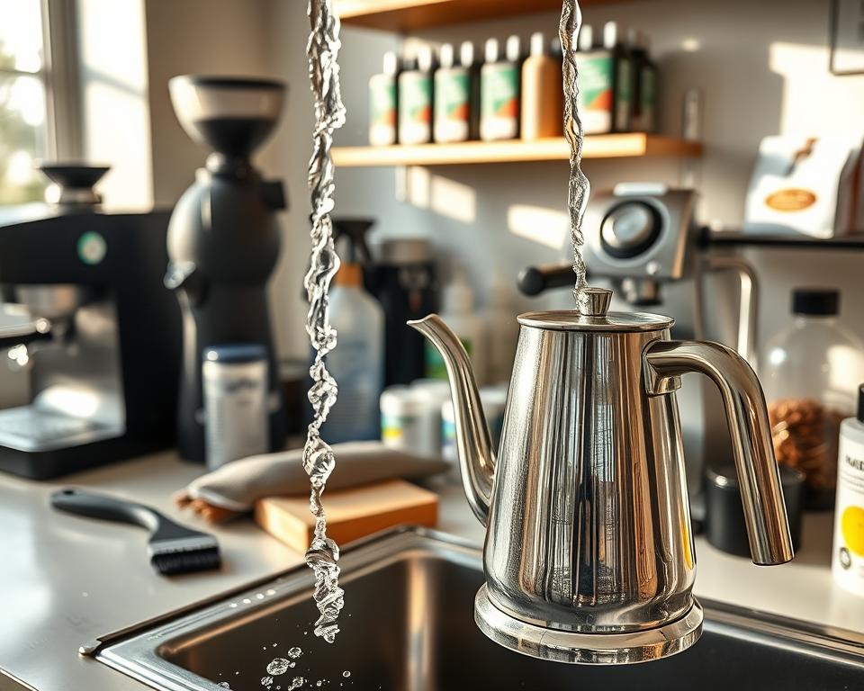 A well-organized coffee cleaning station with various coffee equipment like a grinder, espresso machine, and drip coffee maker. In the foreground, focus on a clean, stainless steel coffee pot being rinsed under warm water, glistening droplets reflecting the light. The middle features a countertop cluttered with cleaning tools such as a brush, cloths, and eco-friendly cleaning solutions. The background shows a neatly organized shelf with coffee beans and sanitization supplies, bathed in soft, natural daylight streaming through a nearby window. The scene has a fresh, clean atmosphere, emphasizing care and attention to detail in maintaining coffee equipment. Capture this at a slight top-down angle to provide an overview of the cleaning process. A well-organized coffee cleaning station with various coffee equipment like a grinder, espresso machine, and drip coffee maker. In the foreground, focus on a clean, stainless steel coffee pot being rinsed under warm water, glistening droplets reflecting the light. The middle features a countertop cluttered with cleaning tools such as a brush, cloths, and eco-friendly cleaning solutions. The background shows a neatly organized shelf with coffee beans and sanitization supplies, bathed in soft, natural daylight streaming through a nearby window. The scene has a fresh, clean atmosphere, emphasizing care and attention to detail in maintaining coffee equipment. Capture this at a slight top-down angle to provide an overview of the cleaning process.