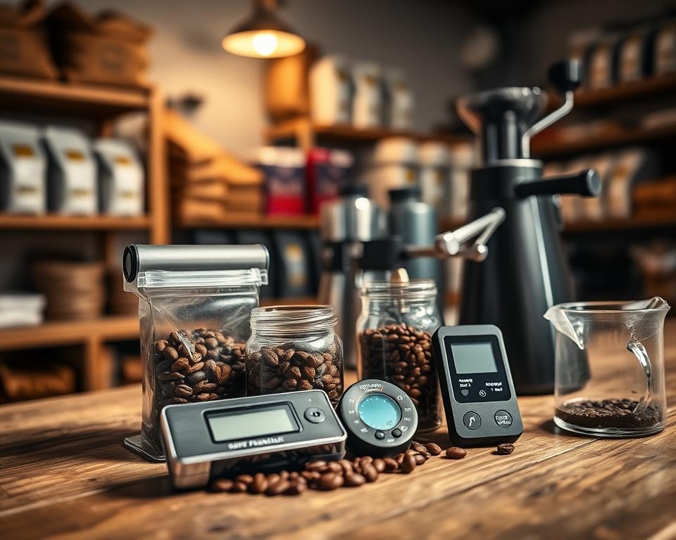 In a cozy, well-lit coffee workshop, focus on a selection of coffee freshness tools arranged on a rustic wooden table. In the foreground, showcase a sleek vacuum sealer next to a glass jar, partially filled with freshly roasted coffee beans, glistening in the warm light. Include a digital coffee freshness meter with a clear display, emphasizing precision. In the middle, place a professional coffee grinder with shiny, sharp blades, hinting at the grind settings for freshness. In the background, softly blurred, are shelves filled with coffee bags, with an ambient light giving a comforting glow. The atmosphere should feel inviting and informative, perfect for a coffee enthusiast's guide, capturing the essence of maintaining coffee freshness.