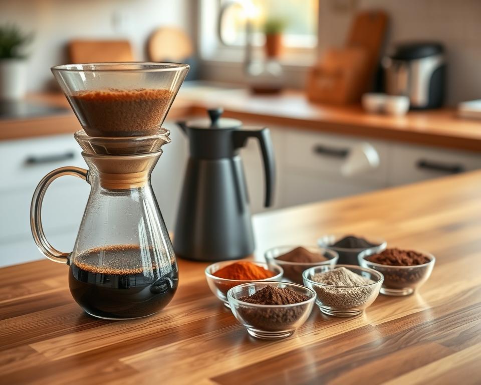 A beautifully arranged Chemex coffee brewing setup on a sleek wooden countertop, showcasing various brewing variations. In the foreground, a clear Chemex with an open filter contains freshly ground coffee, and a kettle is poised to pour hot water. In the middle, small bowls of different coffee grounds arranged by grind size and color represent various brewing techniques, like coarse and fine. The background features a softly blurred kitchen setting, with warm, natural lighting streaming through a nearby window, creating a cozy atmosphere. Shot from a slightly elevated angle, the image conveys a sense of experimentation and mastery in brewing with the Chemex, inviting the viewer to explore the art of coffee making. The overall mood is warm and inviting, perfect for coffee enthusiasts.