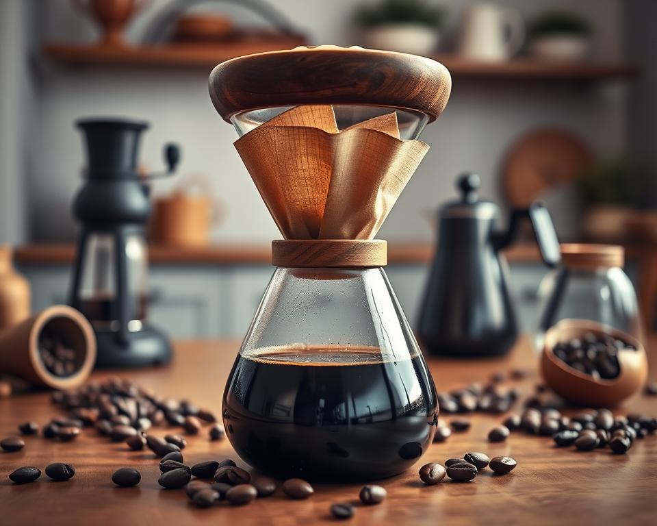 A beautifully arranged Chemex coffee maker sits prominently in the foreground, showcasing its elegant wooden collar and polished glass design. Freshly brewed coffee cascades through the filter, with rich, dark liquid contrasting against the light brown filter paper. Scattered on a wooden table are essential brewing tools: a coffee grinder, freshly ground beans, and a kettle with steam gently rising. In the middle ground, a soft, warm light illuminates the scene, creating an inviting and cozy atmosphere. In the background, blurred out, a simple kitchen with tasteful decor hints at a brewing station, enhancing the feeling of home. The overall mood is warm and calming, ideal for troubleshooting common coffee brewing issues, with subtle, natural lighting accentuating the beauty of the Chemex method.