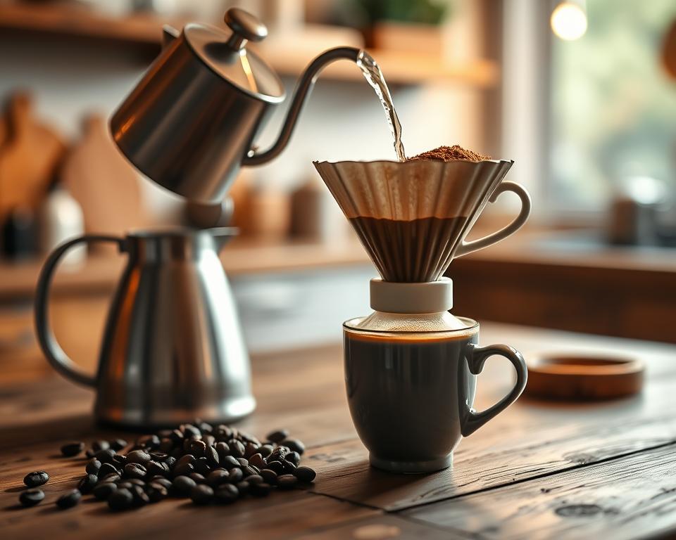A beautifully arranged Clever Dripper brewing setup on a rustic wooden countertop. In the foreground, the Clever Dripper is prominently displayed, with freshly ground coffee beans nearby. The middle section features a kettle pouring hot water over the coffee grounds, creating a gentle swirl, while an elegant coffee cup sits beneath the Dripper, ready to catch the liquid gold. The background showcases a subtle blurred kitchen environment, filled with warm, inviting light that evokes a cozy atmosphere. Include soft shadows for depth, using a shallow depth of field to keep the focus on the brewing process. The overall mood should be serene and inviting, capturing the essence of coffee craftsmanship.