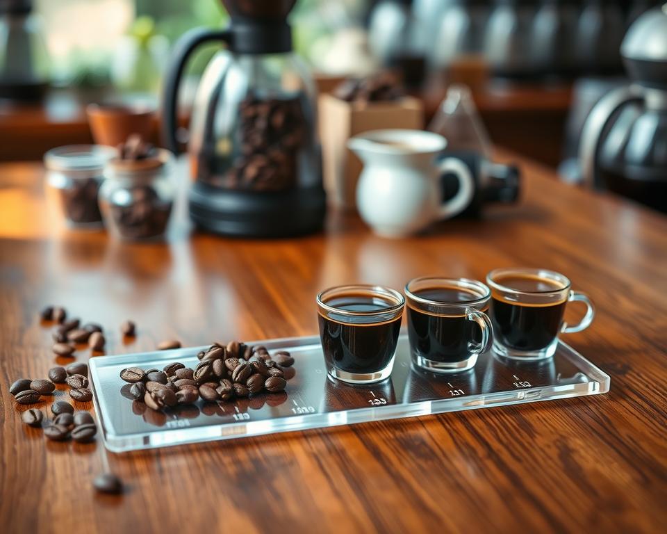 A beautifully arranged coffee body scale on a polished wooden table. In the foreground, focus on a clear glass measuring scale with coffee beans of various varietals, such as Arabica, Robusta, and Liberica, placed next to small sample cups filled with brewed coffee, showcasing their varying body densities. In the middle, soft natural lighting accentuates the rich, dark hues of the coffee and the earthy tones of the beans, while coffee tasting notes are subtly hinted at in the background with a blurred array of coffee workshops. Use a macro lens perspective to capture the texture of the coffee surface. The atmosphere should feel inviting and educational, emphasizing the intricacies of coffee profiles as they relate to their unique body characteristics.