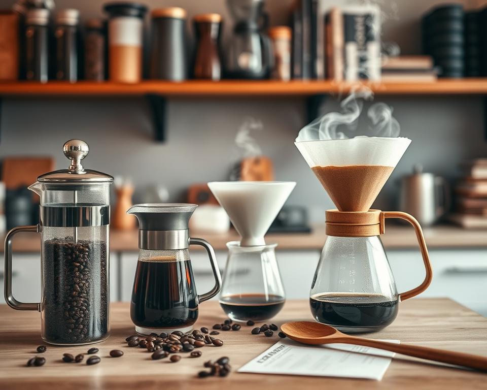 A beautifully arranged coffee brewing setup showcasing various techniques in a cozy kitchen environment. In the foreground, a French press sits beside a pour-over dripper, both filled with freshly ground coffee beans and steaming water. In the middle ground, a Chemex is elegantly placed with a thick filter, while a glass kettle emits a gentle steam under warm, soft lighting. Scattered on the tabletop are coffee tasting notes and a wooden spoon. The background features a blurred shelf filled with coffee beans, grinders, and brewing books, creating a sense of depth and immersion. The atmosphere is warm and inviting, with an emphasis on the art of coffee brewing. Capture the scene from a slightly elevated angle, focusing on the details and textures of the coffee equipment.