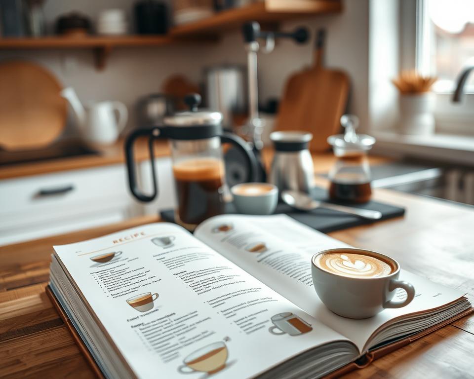 A beautifully arranged coffee recipe guide displayed on a wooden countertop in a cozy kitchen setting. In the foreground, an open recipe book showcases detailed coffee recipes with elegant illustrations of different coffee types, like espresso and cappuccino. A steaming cup of latte art is placed beside the book, emphasizing the home barista experience. In the middle, various coffee-making tools like a French press, a coffee grinder, and measuring spoons are neatly organized, creating an inviting atmosphere. The background features soft, natural lighting from a window, enhancing the warm tones of the kitchen and giving a peaceful, homely vibe. The angle captures the scene from slightly above eye level, inviting the viewer into the comfortable space dedicated to coffee crafting. A beautifully arranged coffee recipe guide displayed on a wooden countertop in a cozy kitchen setting. In the foreground, an open recipe book showcases detailed coffee recipes with elegant illustrations of different coffee types, like espresso and cappuccino. A steaming cup of latte art is placed beside the book, emphasizing the home barista experience. In the middle, various coffee-making tools like a French press, a coffee grinder, and measuring spoons are neatly organized, creating an inviting atmosphere. The background features soft, natural lighting from a window, enhancing the warm tones of the kitchen and giving a peaceful, homely vibe. The angle captures the scene from slightly above eye level, inviting the viewer into the comfortable space dedicated to coffee crafting.