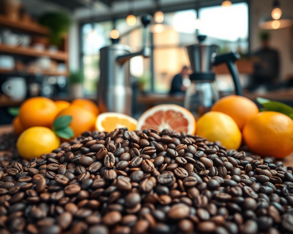 A beautifully arranged coffee scene that highlights different roast levels of coffee beans alongside vibrant citrus fruits. In the foreground, display a variety of roasted coffee beans in shades from light cinnamon to dark espresso, each labeled by roast level. Scatter fresh citrus fruits like oranges, lemons, and grapefruits around the coffee beans, emphasizing their lively colors. In the middle ground, include a sleek coffee grinder and a brewing setup, bathed in soft, natural lighting to create a warm and inviting atmosphere. The background should feature a blurred view of a cozy coffee shop, adding to the ambience without distracting from the main subject. Use a shallow depth of field to draw attention to the details of the beans and fruits and capture the essence of citrus notes blending with coffee roast levels.