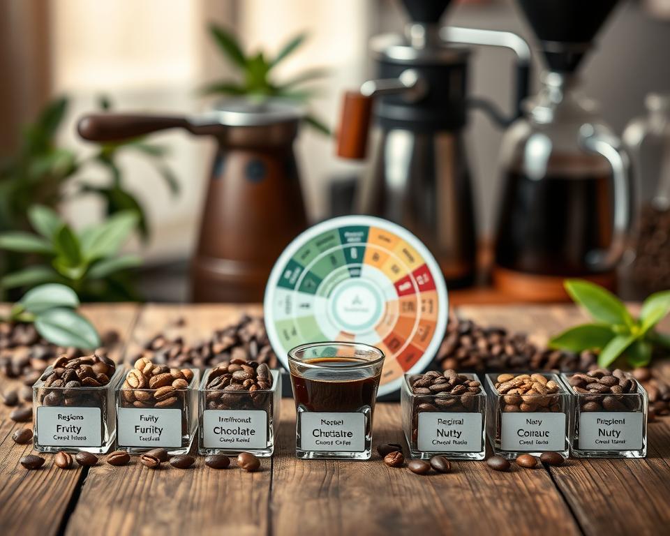 A beautifully arranged coffee tasting notes display, focusing on a rustic wooden table. In the foreground, a variety of coffee beans from different regions are showcased in small glass containers, each labeled with their unique flavor notes, such as fruity, nutty, and chocolaty. In the middle, an elegant coffee cup filled with dark brew sits beside a tasting wheel that visually represents various coffee flavors and aromas. The background features soft, diffused lighting that creates a warm, inviting atmosphere, with blurred hints of coffee brewing equipment and green coffee plants. The composition is shot from a slightly elevated angle to emphasize the diversity of the beans and tasting notes, evoking a sense of exploration and appreciation for coffee flavors.