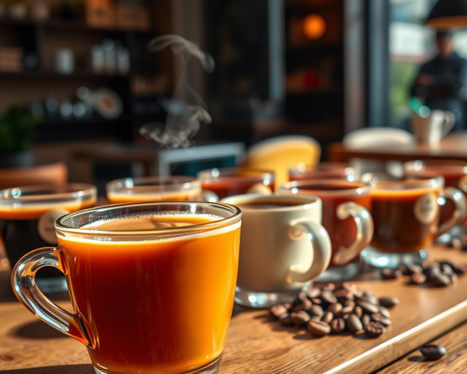A beautifully arranged coffee tasting table featuring an array of specialty coffee cups, each showcasing different sweetness levels. Foreground: a close-up of a cup highlighting golden caramel notes, with delicate steam rising. Middle: various cups of coffee, each with distinct coloration - from deep brown to light amber, adorned with coffee beans and flavor descriptors like "honey," "chocolate," and "fruit." Background: a softly blurred coffee shop interior with warm, inviting lighting that casts gentle shadows, creating a cozy atmosphere. The scene captures a sense of exploration and appreciation, emphasizing the rich sweetness of specialty coffee. Use a shallow depth of field to focus on the coffee cups, with a natural, soft lighting effect that enhances the colors and textures.