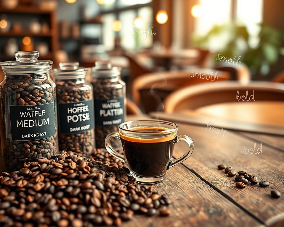 A beautifully arranged display of coffee varieties showcasing their unique flavor profiles. In the foreground, a variety of coffee beans (light, medium, and dark roasts) displayed in elegant glass jars, each labeled with flavor notes like fruity, nutty, and chocolaty. In the middle, a rich cup of brewed coffee sits on a rustic wooden table, with steam rising gracefully. Surrounding the cup, delicate illustrations of flavor descriptors such as "bright," "smooth," and "bold" in soft, flowing lines. In the background, a cozy café setting with warm, inviting lighting, emphasizing an atmosphere of relaxation and enjoyment. Use a soft focus for depth and warmth, simulating a close-up shot with a shallow depth of field to highlight the coffee's texture and colors.