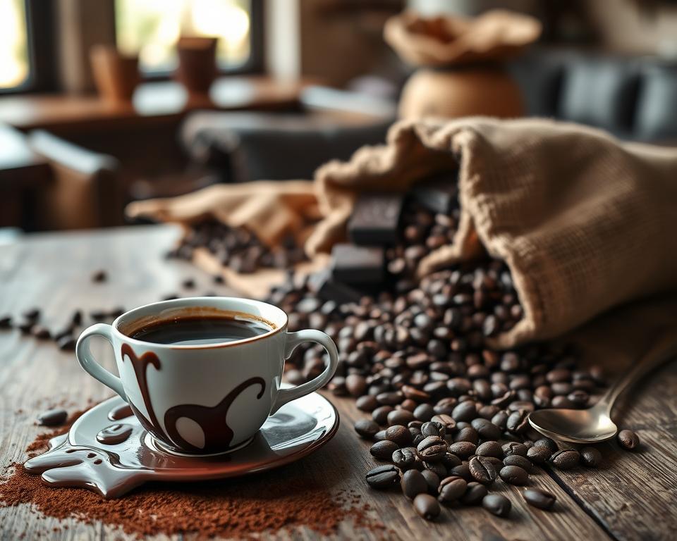 A beautifully arranged flat lay featuring gourmet chocolate coffee blends, highlighting an assortment of coffee beans and bars of rich dark chocolate. In the foreground, a steaming cup of coffee sits atop a rustic wooden table, with swirls of melted chocolate cascading around it, and a sprinkle of cocoa powder adding texture. The middle ground showcases delicate chocolate truffles and coffee beans spilling from a burlap sack, while a small, elegant spoon rests nearby. In the background, a softly blurred view of a cozy café ambiance creates a warm and inviting atmosphere, illuminated by gentle sunlight filtered through a window. The composition evokes a sense of indulgence and exploration, perfect for enticing coffee lovers to discover delectable chocolatey coffee recipes. A beautifully arranged flat lay featuring gourmet chocolate coffee blends, highlighting an assortment of coffee beans and bars of rich dark chocolate. In the foreground, a steaming cup of coffee sits atop a rustic wooden table, with swirls of melted chocolate cascading around it, and a sprinkle of cocoa powder adding texture. The middle ground showcases delicate chocolate truffles and coffee beans spilling from a burlap sack, while a small, elegant spoon rests nearby. In the background, a softly blurred view of a cozy café ambiance creates a warm and inviting atmosphere, illuminated by gentle sunlight filtered through a window. The composition evokes a sense of indulgence and exploration, perfect for enticing coffee lovers to discover delectable chocolatey coffee recipes.