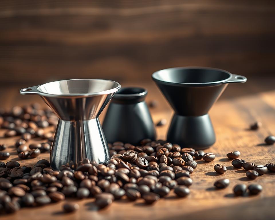A beautifully arranged flat lay of coffee dosing funnels in various designs and materials, showcasing their functionality and elegance. In the foreground, highlight a polished stainless steel dosing funnel alongside a sleek, matte black ceramic funnel, both glistening under soft, diffused natural light. In the middle ground, display a variety of coffee beans artfully scattered around, with subtle shadows adding depth. The background features a blurred, rustic wooden countertop for a warm, inviting atmosphere. Use a shallow depth of field to emphasize the funnels while creating a dreamy backdrop. The overall mood should convey a sense of craftsmanship and sophistication, inviting coffee enthusiasts to enhance their brewing experience with quality dosing tools. A beautifully arranged flat lay of coffee dosing funnels in various designs and materials, showcasing their functionality and elegance. In the foreground, highlight a polished stainless steel dosing funnel alongside a sleek, matte black ceramic funnel, both glistening under soft, diffused natural light. In the middle ground, display a variety of coffee beans artfully scattered around, with subtle shadows adding depth. The background features a blurred, rustic wooden countertop for a warm, inviting atmosphere. Use a shallow depth of field to emphasize the funnels while creating a dreamy backdrop. The overall mood should convey a sense of craftsmanship and sophistication, inviting coffee enthusiasts to enhance their brewing experience with quality dosing tools.