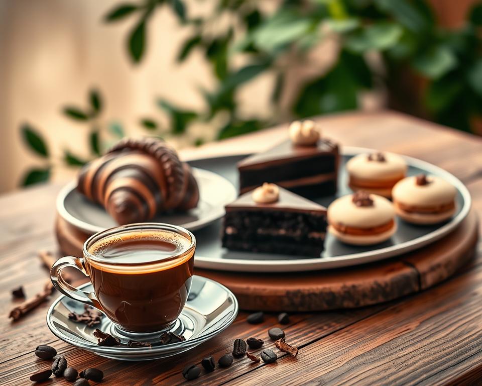 A beautifully arranged table displaying a premium cocoa-infused coffee experience. In the foreground, a steaming cup of rich cocoa coffee sits on an elegant saucer, with a few cocoa beans and delicate chocolate shavings beside it. In the middle, a selection of gourmet pastries — a dark chocolate croissant, a slice of velvety chocolate cake, and a plate of airy macarons — are artfully presented, emphasizing their chocolatey richness. The background features soft, warm lighting that gives a cozy atmosphere, enhancing the deep browns and golden hues of the coffee and treats. A rustic wooden table adds warmth, while out-of-focus green foliage creates a natural, inviting ambiance. The overall mood is indulgent and refined, inviting the viewer to savor the experience. A beautifully arranged table displaying a premium cocoa-infused coffee experience. In the foreground, a steaming cup of rich cocoa coffee sits on an elegant saucer, with a few cocoa beans and delicate chocolate shavings beside it. In the middle, a selection of gourmet pastries — a dark chocolate croissant, a slice of velvety chocolate cake, and a plate of airy macarons — are artfully presented, emphasizing their chocolatey richness. The background features soft, warm lighting that gives a cozy atmosphere, enhancing the deep browns and golden hues of the coffee and treats. A rustic wooden table adds warmth, while out-of-focus green foliage creates a natural, inviting ambiance. The overall mood is indulgent and refined, inviting the viewer to savor the experience.