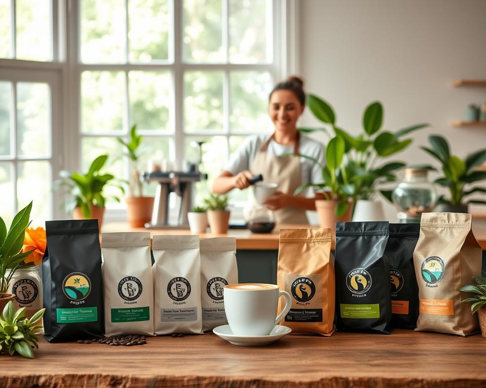 A bright, inviting coffee shop interior featuring ethically sourced coffee products. In the foreground, a beautifully arranged rustic table displays various brands of ethically sourced coffee beans, with bags labeled with certification icons like Fair Trade and Organic. In the middle, a barista in a crisp white apron prepares a latte art on a wooden countertop, showcasing a warm smile while surrounded by potted plants. The background features a large window letting in soft, natural light that highlights the green foliage outside, creating a serene atmosphere. The room should evoke feelings of sustainability and community, with earthy tones and textures, capturing the essence of ethical consumption in the coffee industry. A bright, inviting coffee shop interior featuring ethically sourced coffee products. In the foreground, a beautifully arranged rustic table displays various brands of ethically sourced coffee beans, with bags labeled with certification icons like Fair Trade and Organic. In the middle, a barista in a crisp white apron prepares a latte art on a wooden countertop, showcasing a warm smile while surrounded by potted plants. The background features a large window letting in soft, natural light that highlights the green foliage outside, creating a serene atmosphere. The room should evoke feelings of sustainability and community, with earthy tones and textures, capturing the essence of ethical consumption in the coffee industry.