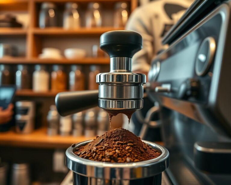A close-up image of a barista expertly performing the coffee tamping technique. In the foreground, focus on a stainless steel tamper firmly pressed down on freshly ground coffee in a portafilter, showcasing the coffee grounds’ texture and rich color. The middle ground features a sleek espresso machine with steam wafting up, hinting at the brewing process. In the background, a cozy café ambiance with wooden shelves stocked with various coffee beans in clear jars is visible. Soft, warm lighting enhances the inviting atmosphere, and a shallow depth of field brings attention to the tamping action. The overall mood is engaging and educational, capturing the essence of mastering coffee making.
