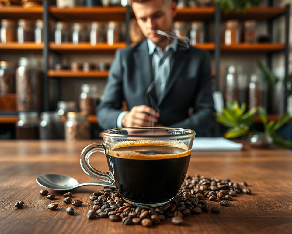 A close-up image of a coffee tasting setup on a wooden table. In the foreground, showcase a cupping bowl filled with freshly brewed coffee, steam gently rising above it, and a silver spoon resting beside it. Include detailed textures of the coffee grounds around the bowl. In the middle, feature a professional taster, dressed in a smart, casual outfit, observing the coffee with a focused expression. Behind them, softly blurred, include shelves lined with glass jars filled with various coffee beans. Warm, natural lighting emphasizes the rich browns and golden tones of the coffee, creating an inviting atmosphere. The background should evoke a cozy coffee shop with blurred hints of plants and wooden decor, celebrating the art of coffee tasting.