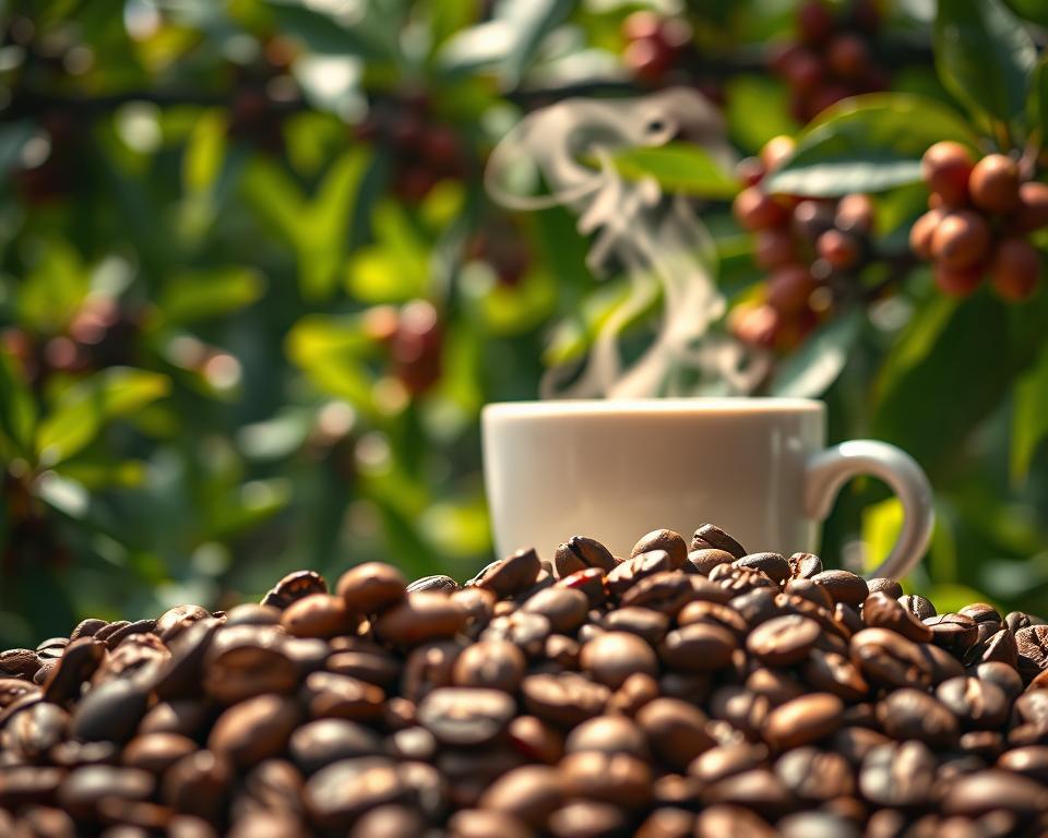 A close-up of freshly ground coffee beans, showcasing their rich texture and deep brown hues, placed prominently in the foreground. The middle ground features a steaming cup of coffee, with delicate wisps of steam rising, suggesting warmth and freshness. In the background, softly blurred coffee plants with lush green leaves and ripe cherries create a vibrant, earthy setting. Soft, natural lighting filters through, casting gentle highlights on the coffee surface and enhancing the inviting aroma of the scene. The atmosphere is one of tranquility and enjoyment, evoking the rich, nutty, and earthy flavors that freshness brings to coffee. The image should have a slight depth of field effect, drawing the viewer's eye to the intricate details of the coffee beans and cup. A close-up of freshly ground coffee beans, showcasing their rich texture and deep brown hues, placed prominently in the foreground. The middle ground features a steaming cup of coffee, with delicate wisps of steam rising, suggesting warmth and freshness. In the background, softly blurred coffee plants with lush green leaves and ripe cherries create a vibrant, earthy setting. Soft, natural lighting filters through, casting gentle highlights on the coffee surface and enhancing the inviting aroma of the scene. The atmosphere is one of tranquility and enjoyment, evoking the rich, nutty, and earthy flavors that freshness brings to coffee. The image should have a slight depth of field effect, drawing the viewer's eye to the intricate details of the coffee beans and cup.
