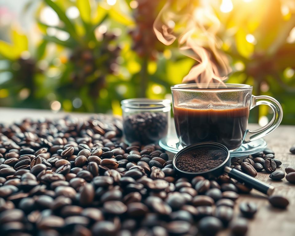 A close-up of freshly roasted coffee beans scattered across a wooden surface, emphasizing varying shades of deep browns and subtle highlights reflecting their oils. In the foreground, a steaming cup of coffee emits delicate wisps of aromatic steam, capturing the essence of freshness. The middle ground features a transparent container filled with coffee grounds, illustrating the process of aroma release, alongside a small magnifying glass to highlight the textural details of the coffee. In the background, soft-focus images of coffee plants and bright green leaves create a lush, organic feel. Natural sunlight filters through, casting warm, inviting light that enhances the rich colors and textures, creating a cozy and fragrant atmosphere that evokes the impact of freshness on flavor.