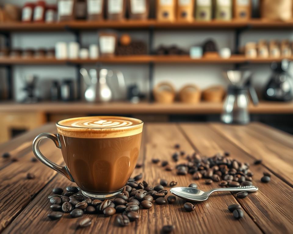 A close-up view of a beautifully crafted specialty coffee cup placed on a rustic wooden table. The foreground features the cup with intricate latte art, showcasing rich swirls of cream over dark espresso. In the middle ground, scattered coffee beans and a small silver spoon hint at the before-and-after experience of tasting. The background has softly blurred shelves filled with coffee brewing equipment and bags of specialty coffee, suggesting an artisan roastery ambiance. Warm, diffused lighting creates a cozy atmosphere, casting gentle shadows and highlights on the surfaces. The mood is inviting and warm, evoking a sense of exploration and indulgence in the nuances of coffee aftertaste, emphasizing the sophistication and complexity of specialty coffees.