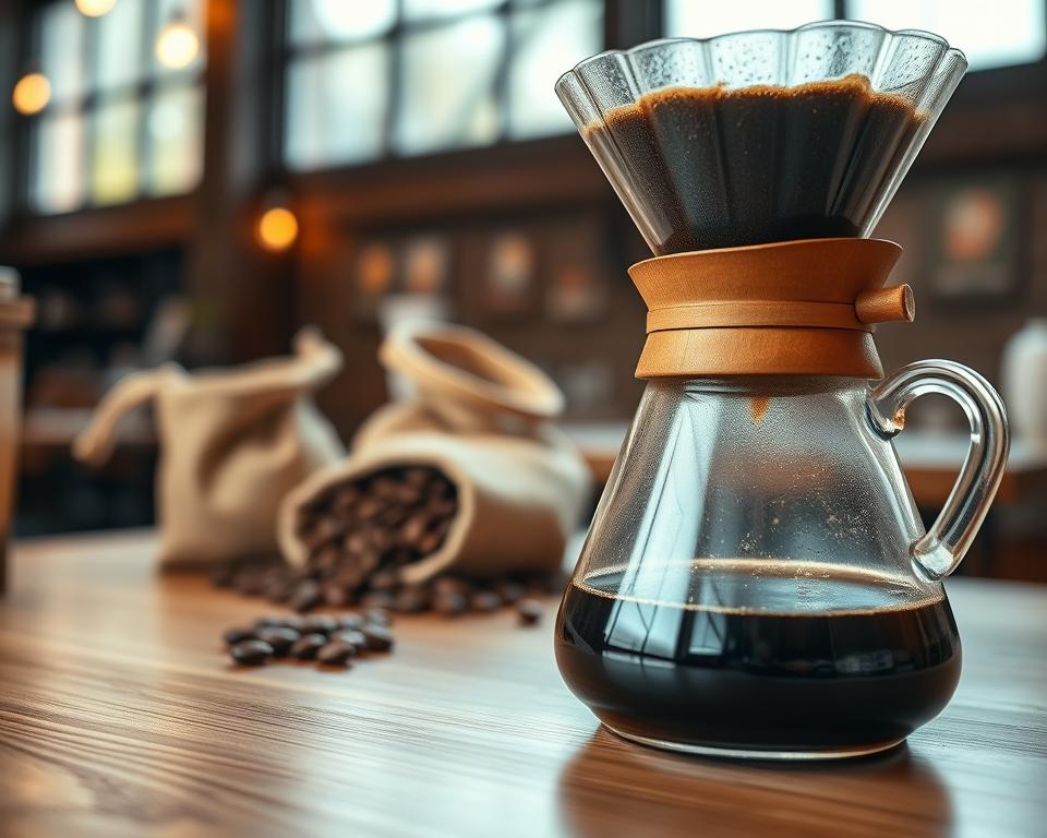 A close-up view of a coffee brewing process on a wooden table, showcasing the meticulous extraction time. In the foreground, a beautifully crafted pour-over coffee maker drips rich, dark coffee into a clear glass carafe, highlighting the flowing liquid and the texture of the coffee grounds. The middle layer features a selection of freshly roasted coffee beans in an elegant burlap sack, hinting at their freshness. In the background, a soft-focus scene of a cozy café ambiance, with warm lighting filtering through large windows, creates an inviting atmosphere. The lens captures the scene with a shallow depth of field, emphasizing the coffee-making process. Overall, the mood is warm, rich, and focused, reflecting the importance of freshness in coffee extraction.