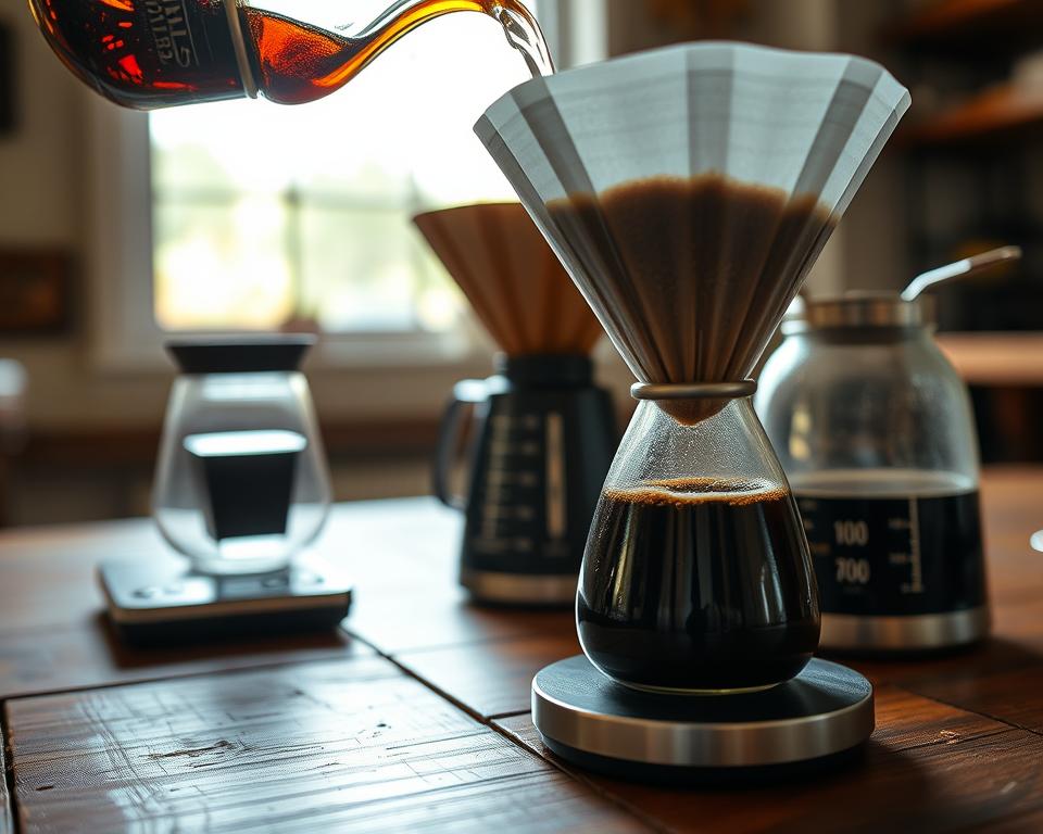 A close-up view of a coffee brewing setup on a rustic wooden table, featuring a pour-over coffee dripper with freshly ground coffee and clear water being poured into it. In the foreground, the dripper captures the rich, dark liquid as it brews, highlighting the delicate process of extraction which enhances sweetness. The middle ground showcases an elegant coffee scale, perfectly calibrated for measuring the coffee-to-water ratio, emphasizing precision in brewing. In the background, soft, natural light filters through a nearby window, creating a warm and inviting atmosphere, reflecting the complexity and allure of specialty coffee. The scene is artfully arranged to evoke a sense of craftsmanship and care in the brewing process, with no distractions or text elements present.