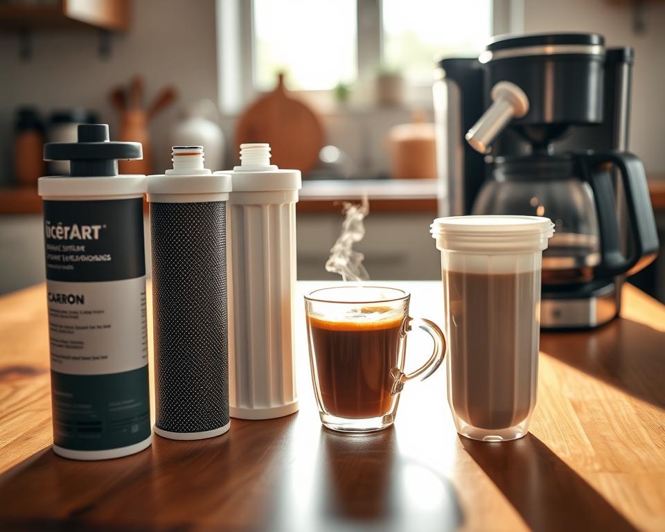 A close-up view of a wooden kitchen table featuring an assortment of water filters specifically designed for brewing coffee. In the foreground, a selection of filters, such as carbon, ceramic, and reverse osmosis units, are thoughtfully arranged next to a sleek coffee maker. In the middle ground, a warm cup of freshly brewed coffee steams gently, showcasing rich brown hues. In the background, soft natural light streams in from a nearby window, illuminating the textures of the filters and the polished surface of the table. The atmosphere is inviting and cozy, reflecting a warm morning vibe, perfect for coffee enthusiasts making mindful choices. The angle is slightly elevated, providing a clear view of the filters in focus for an informative perspective.