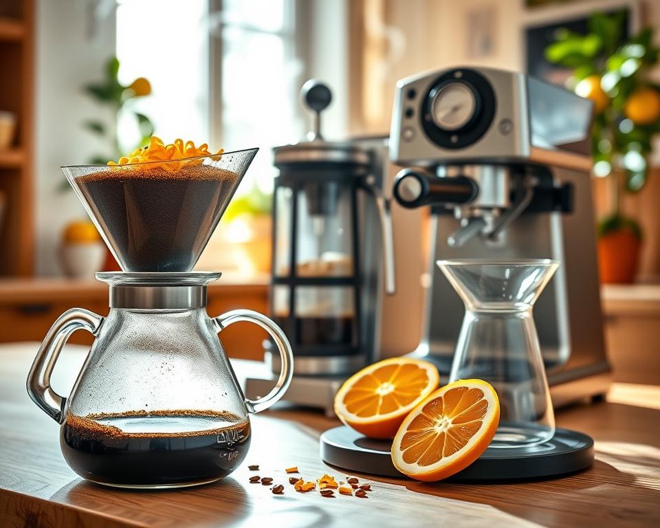 A cozy coffee brewing scene showcasing various brewing methods that accentuate citrus notes in coffee. In the foreground, a modern pour-over set with a clear glass carafe, freshly ground coffee, and a vibrant orange zest garnish. The middle features a French press with hints of lemon and lime, elegantly positioned next to a traditional espresso machine, all accentuated by steam rising. The background is softly blurred, revealing a sunlit kitchen with light streaming through a window, highlighting warm wood finishes and potted citrus plants. The mood is inviting and bright, with natural light creating a soft glow. The composition focuses on clarity and detail, capturing the essence of coffee artisanal preparation, emphasizing vibrant citrus nuances.
