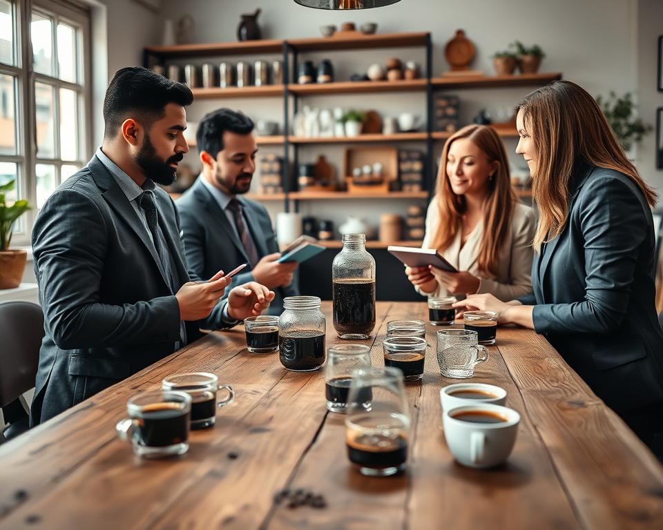 A cozy coffee tasting group gathered around a rustic wooden table, with neatly arranged tasting cups filled with various types of coffee. The foreground features three individuals, a diverse group of men and women in professional business attire, intently discussing their coffee experiences, holding small notebooks. In the middle ground, several jars of coffee beans and aroma glasses present an inviting atmosphere, showcasing different aromas. The background includes softly lit shelves with various coffee-related items, creating a warm and engaging environment. The scene is brightly lit by natural light streaming in through a large window, casting a gentle glow, enhancing the mood of collaboration and knowledge sharing. A shallow depth of field focuses on the group, subtly blurring the background for a professional look.