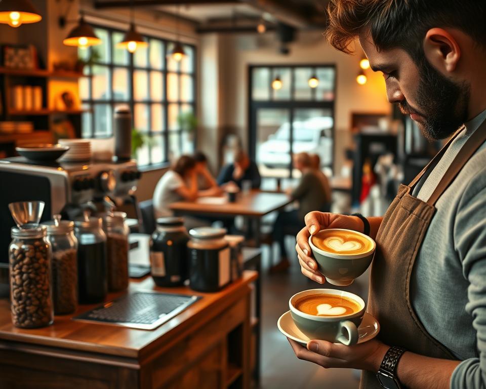 A cozy, inviting coffee shop filled with the essence of the third wave coffee movement. In the foreground, a skilled barista in a professional apron expertly pours a latte art heart into a beautifully crafted ceramic cup. The middle ground showcases a wooden counter lined with specialty coffee beans in transparent jars, with a sleek espresso machine gleaming under warm, ambient lighting. In the background, large windows let in natural light, illuminating a small community of coffee enthusiasts discussing their favorite brews at rustic wooden tables. The overall atmosphere is vibrant and welcoming, evoking a sense of craft, community, and the art of coffee appreciation. The lens should capture a warm, soft focus, creating an inviting mood that highlights the details of the coffee-making process and the passion behind specialty coffee.