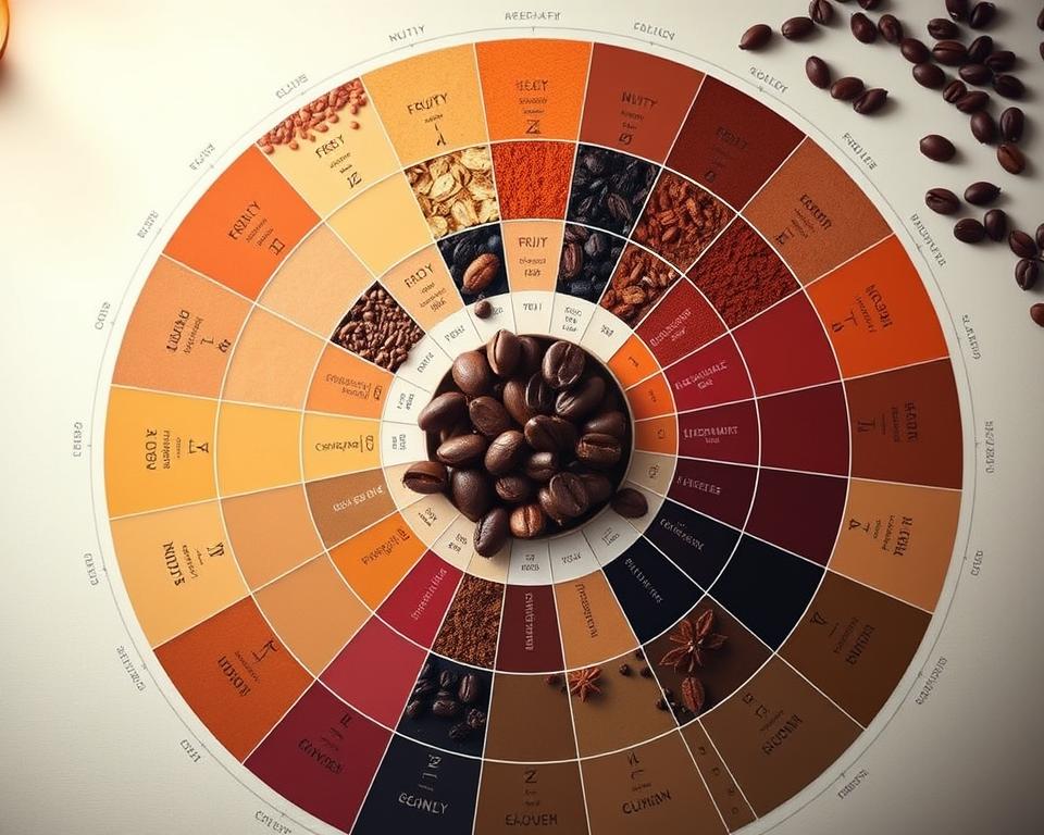 A detailed coffee flavor chart, styled like a color wheel, prominently featuring a spectrum of warm earthy tones like rich browns, deep burgundies, and soft creams. In the foreground, distinct segments illustrate various coffee flavors, including fruity, nutty, and floral notes, with visual representations like coffee beans, fruits, and spices embedded within each section. The middle layer includes labels or icons that represent each flavor category, seamlessly blending with the vibrant color selections. The background is a soft gradient, evoking a warm, inviting coffee shop ambiance with gentle lighting that highlights the richness of the colors. The overall mood is educational yet approachable, encouraging exploration of coffee’s complex flavor profiles, captured from a top-down angle for clarity and emphasis on the detail.