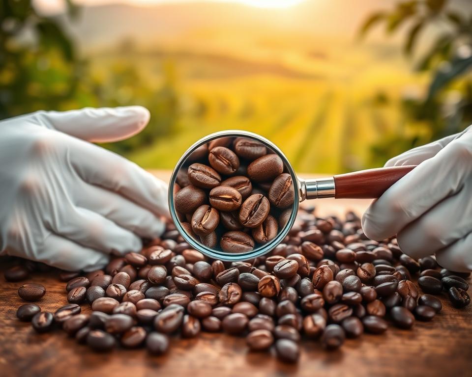 A detailed visual inspection scene of coffee beans arranged on a wooden table, showcasing various coffee defects. In the foreground, a pair of hands gloved in white inspecting beans, highlighting defects like scabs, black spots, and splits. The middle layer features a magnifying glass held over a group of beans, focusing on the details of the imperfections. The background should subtly display a blurred coffee farm landscape bathed in soft, natural daylight, creating a warm and inviting atmosphere. Utilize soft lighting to accentuate the textures of the coffee beans, while maintaining a professional tone. The overall mood should convey diligence and expertise in quality control within the coffee industry.
