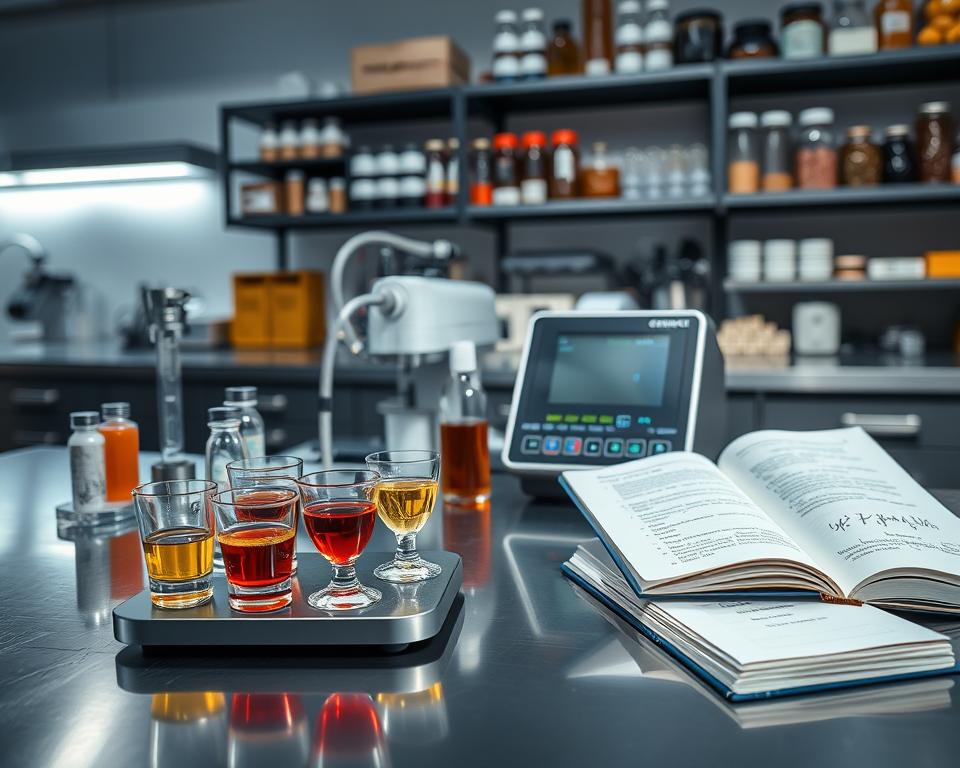 A modern laboratory setting showcasing various sensory analysis tools on a sleek metallic workbench. In the foreground, display a set of transparent tasting glasses filled with colorful liquids, alongside precision scales and aroma bottles. In the middle ground, include a high-tech sensory analysis machine with digital displays, next to an open notebook filled with handwritten notes and data. The background features shelves stocked with various samples, jars, and sensory assessment guides. Soft, diffused lighting illuminates the scene, creating a professional and focused atmosphere, while a shallow depth of field draws attention to the tools. The image should convey a sense of innovation and diligence, ideal for enhancing sensory evaluation skills.
