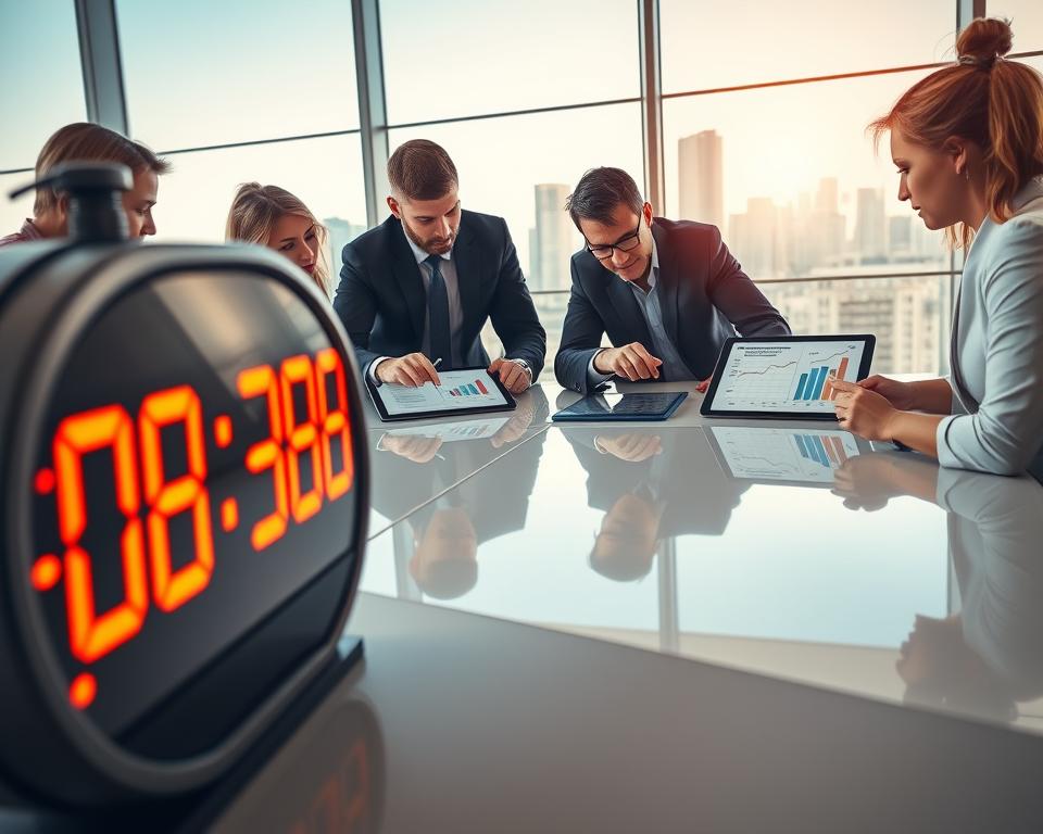 A modern office setting with a focus on a digital clock displaying the countdown of extraction time in the foreground, symbolizing urgency and optimization. In the middle, a diverse group of professionals in business attire are gathered around a sleek conference table, analyzing graphs and data on tablet screens that illustrate common timing mistakes. One individual is pointing attentively at a chart showing inefficiencies in extraction timing, while others take notes, fostering a collaborative atmosphere. The background reveals a large window with city skyline views, bathed in natural light, creating a productive ambiance. Use a sharp focus to emphasize the professional interaction and detail, with warm lighting to convey a sense of urgency while remaining inviting and engaging.