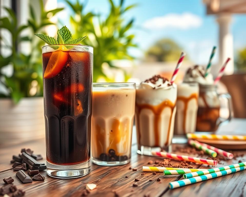 A refreshing assortment of summer iced coffee recipes beautifully arranged on a rustic wooden table. In the foreground, a tall glass filled with rich, dark iced coffee, garnished with a sprig of mint and a slice of orange, glistens with condensation. Beside it, a creamy iced latte swirls with almond milk, topped with whipped cream and a dusting of cocoa powder. In the middle ground, various toppings like chocolate shavings, caramel drizzle, and colorful straws are scattered artfully. The background fades softly into a sunlit patio, with lush green plants and a vibrant blue sky, creating a warm, inviting atmosphere. The lighting is bright and natural, evoking a cheerful summer vibe. The angle captures the setup from slightly above, emphasizing the textures and colors, making the drinks look irresistible.