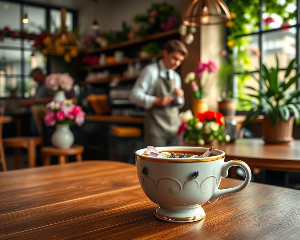 A serene café scene showcasing the essence of floral coffee culture. In the foreground, a beautifully crafted porcelain cup overflowing with coffee, adorned with delicate flower petals such as jasmine and lavender, sits on a wooden table. The middle ground features a barista, wearing a crisp apron, carefully preparing coffee with vibrant, blooming flowers artistically arranged around the counter. The background transitions into a cozy café atmosphere, with soft natural light filtering through large windows, illuminating floral decorations and lush greenery. The overall mood is warm and inviting, evoking a sense of tranquility and a deep connection to nature and tradition. Lens perspective should suggest intimacy, capturing the tactile relationship between coffee and flowers.
