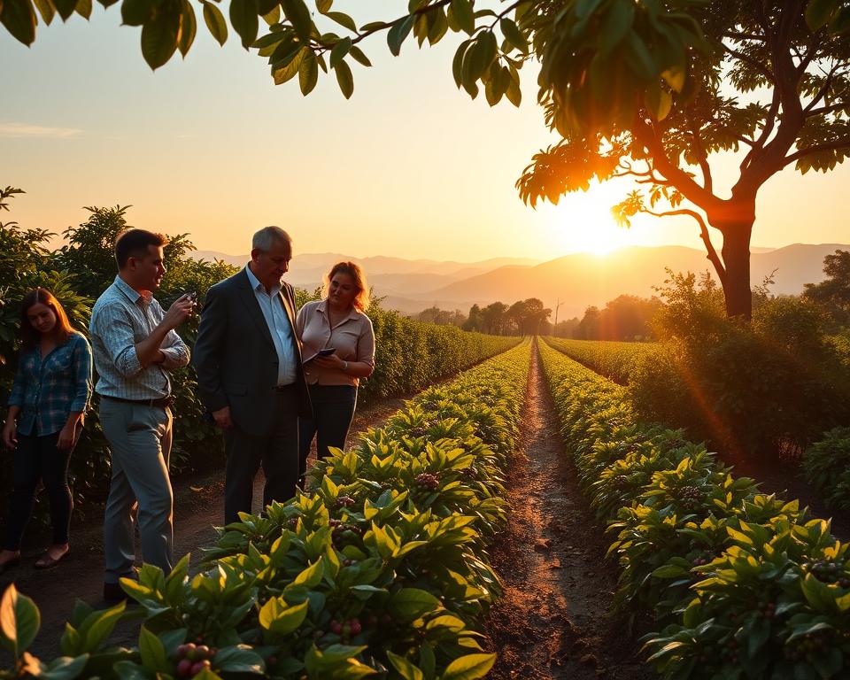 A serene coffee plantation scene showcasing sustainable sourcing practices. In the foreground, a diverse group of three professionals in modest business attire discuss while examining coffee plants, highlighting organic growth methods. The middle ground features rows of lush, green coffee bushes with ripe coffee cherries and natural shade trees, symbolizing biodiversity. In the background, the sun sets over distant mountains, casting a warm golden light that enhances the tranquil atmosphere. Soft rays filter through the leaves, creating a dappled effect on the ground. The overall mood is hopeful and forward-looking, representing the future of ethical and sustainable coffee sourcing. Use a wide angle lens to capture the expansive beauty of the landscape, focusing on harmony between people and nature.