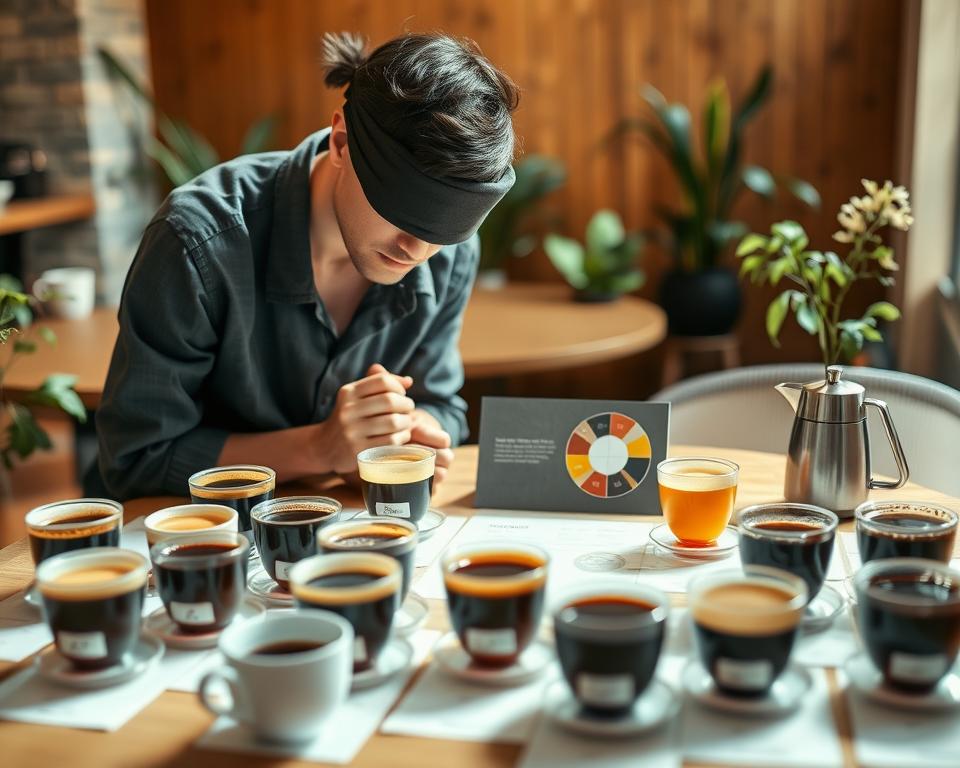 A serene coffee tasting scene featuring a blind coffee tasting setup. In the foreground, a neatly arranged table displays an array of diverse coffee cups, each labeled with distinctive colors and aromas, suggesting various flavor profiles. A professional taster in modest casual clothing, with their eyes covered by a tasteful blindfold, leans forward, swirling coffee in a cup to analyze its aroma. In the middle ground, a set of elegant coffee tasting tools, including aromatic notes and a flavor wheel, complement the scene. The background features a softly lit, cozy café environment, with warm wooden tones and delicate coffee plants, creating a soothing atmosphere. The lighting is soft and inviting, highlighting the rich colors of the coffee while casting gentle shadows.
