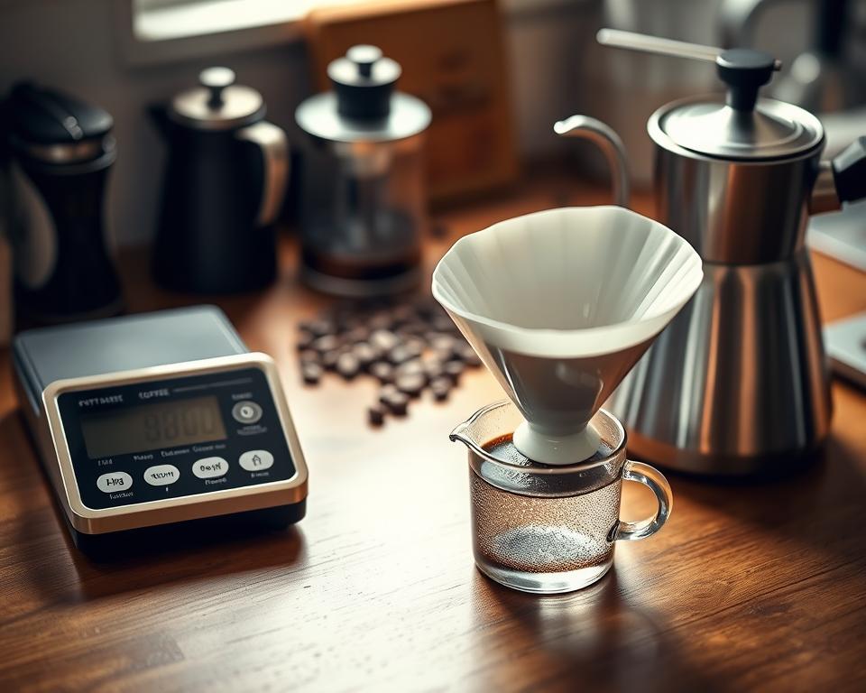 A sleek setup of precision brewing gear arranged neatly on a polished wooden table. In the foreground, a high-end coffee scale with a digital display is positioned next to a modern pour-over kettle with a gooseneck spout, exuding elegance. In the middle ground, a meticulously crafted ceramic dripper holds freshly ground coffee, with a small glass measuring cup filled with sparkling water beside it, reflecting light. The background features softly blurred out elegant coffee beans and brewing accessories like a French press and a hand grinder. The lighting is warm and inviting, casting gentle shadows to create an atmosphere of sophistication and focus, as if inviting the viewer into an artisanal coffee brewing experience. The angle emphasizes the countertop setup, showcasing the precision and artistry involved in brewing. A sleek setup of precision brewing gear arranged neatly on a polished wooden table. In the foreground, a high-end coffee scale with a digital display is positioned next to a modern pour-over kettle with a gooseneck spout, exuding elegance. In the middle ground, a meticulously crafted ceramic dripper holds freshly ground coffee, with a small glass measuring cup filled with sparkling water beside it, reflecting light. The background features softly blurred out elegant coffee beans and brewing accessories like a French press and a hand grinder. The lighting is warm and inviting, casting gentle shadows to create an atmosphere of sophistication and focus, as if inviting the viewer into an artisanal coffee brewing experience. The angle emphasizes the countertop setup, showcasing the precision and artistry involved in brewing.