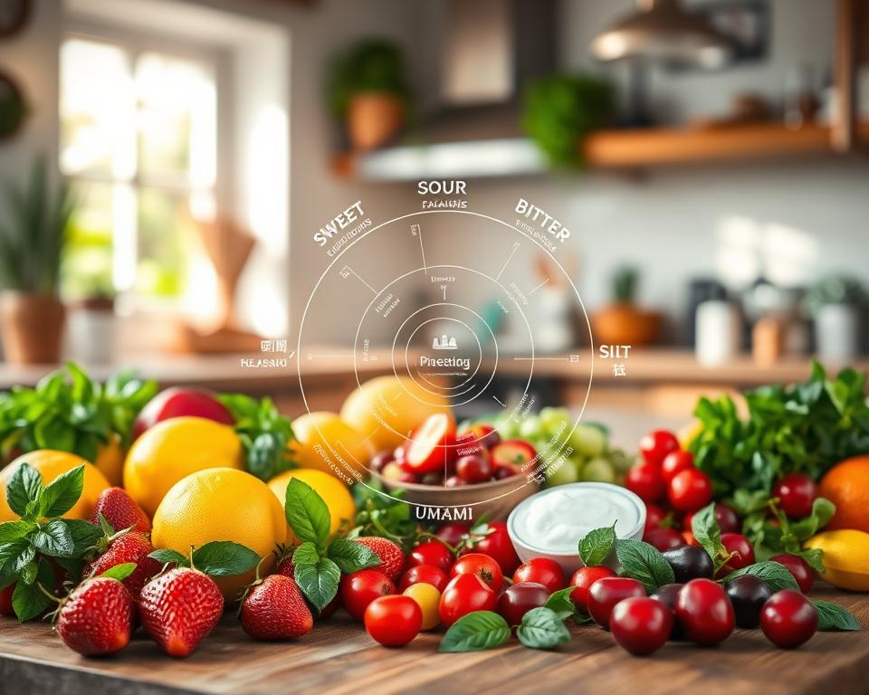 A vibrant and artistic representation of various flavor profiles displayed in a visually appealing manner. In the foreground, an array of colorful ingredients bursts with life—fruits like strawberries, lemons, and cherries alongside herbs like basil and mint, meticulously arranged on a wooden surface. In the middle ground, a clear spiral chart gracefully illustrates flavor categories—sweet, sour, salty, bitter, and umami—intertwined with artistic swirls that visually communicate the essence of each flavor. The background features a soft-focus kitchen setting with warm, inviting lighting, creating a cozy atmosphere. A shallow depth of field enhances the subject, with natural sunlight streaming in, highlighting the textures of the ingredients and the vibrancy of the flavors. The overall mood is fresh, educational, and inspiring, inviting viewers to explore the world of taste. A vibrant and artistic representation of various flavor profiles displayed in a visually appealing manner. In the foreground, an array of colorful ingredients bursts with life—fruits like strawberries, lemons, and cherries alongside herbs like basil and mint, meticulously arranged on a wooden surface. In the middle ground, a clear spiral chart gracefully illustrates flavor categories—sweet, sour, salty, bitter, and umami—intertwined with artistic swirls that visually communicate the essence of each flavor. The background features a soft-focus kitchen setting with warm, inviting lighting, creating a cozy atmosphere. A shallow depth of field enhances the subject, with natural sunlight streaming in, highlighting the textures of the ingredients and the vibrancy of the flavors. The overall mood is fresh, educational, and inspiring, inviting viewers to explore the world of taste.