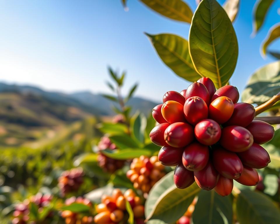 A vibrant and detailed composition showcasing various Arabica coffee varietals. In the foreground, a close-up of a rich, ripe coffee cherry cluster, featuring glossy red and yellow beans, with delicate green leaves. The middle ground includes distinct Arabica plant types, such as Typica and Bourbon, displayed with varying leaf shapes and sizes, arranged thoughtfully. The background features a picturesque coffee plantation landscape, with rolling hills and a clear blue sky, bathed in warm, golden sunlight. Capture this scene with a shallow depth of field to emphasize the coffee varietals while softly blurring the background. The overall mood is serene and refreshing, evoking the richness of coffee culture and the beauty of nature.