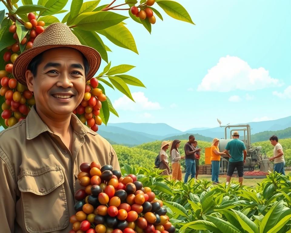 A vibrant and detailed illustration of ethical coffee trade practices. In the foreground, a smiling farmer dressed in modest casual clothing stands proudly beside a bounty of freshly harvested coffee cherries. In the middle ground, an engaging scene shows a diverse group of fair-trade workers, including women and men, collaborating on coffee processing with modern equipment in a sustainable facility. The background features lush green coffee plantations under a bright blue sky, symbolizing eco-friendly farming methods. Soft, natural lighting highlights the positive atmosphere, fostering a sense of community and responsibility. The angle is slightly elevated, ensuring a broad view of the entire scene, capturing the essence of ethical trade principles. The mood is hopeful and inspiring, emphasizing a commitment to sustainability and fairness in the coffee industry. A vibrant and detailed illustration of ethical coffee trade practices. In the foreground, a smiling farmer dressed in modest casual clothing stands proudly beside a bounty of freshly harvested coffee cherries. In the middle ground, an engaging scene shows a diverse group of fair-trade workers, including women and men, collaborating on coffee processing with modern equipment in a sustainable facility. The background features lush green coffee plantations under a bright blue sky, symbolizing eco-friendly farming methods. Soft, natural lighting highlights the positive atmosphere, fostering a sense of community and responsibility. The angle is slightly elevated, ensuring a broad view of the entire scene, capturing the essence of ethical trade principles. The mood is hopeful and inspiring, emphasizing a commitment to sustainability and fairness in the coffee industry.