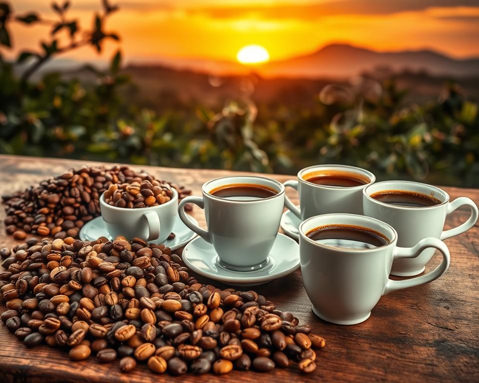 A vibrant coffee tasting scene showcasing various African coffee profiles. In the foreground, a colorful array of coffee beans from different regions, such as Ethiopian Yirgacheffe, Kenyan AA, and Rwandan Bourbon, artfully arranged on a rustic wooden table. The middle ground features elegant coffee cups filled with freshly brewed coffee, steam rising gently, illustrating the diverse colors from light to dark roasts. In the background, a lush African landscape with silhouettes of coffee plants and mountains under a warm, golden sunset. Soft, diffused lighting creates a cozy atmosphere, emphasizing the richness and depth of flavors. The composition should feel inviting, capturing the essence of African coffee culture without any text or distractions. A vibrant coffee tasting scene showcasing various African coffee profiles. In the foreground, a colorful array of coffee beans from different regions, such as Ethiopian Yirgacheffe, Kenyan AA, and Rwandan Bourbon, artfully arranged on a rustic wooden table. The middle ground features elegant coffee cups filled with freshly brewed coffee, steam rising gently, illustrating the diverse colors from light to dark roasts. In the background, a lush African landscape with silhouettes of coffee plants and mountains under a warm, golden sunset. Soft, diffused lighting creates a cozy atmosphere, emphasizing the richness and depth of flavors. The composition should feel inviting, capturing the essence of African coffee culture without any text or distractions.