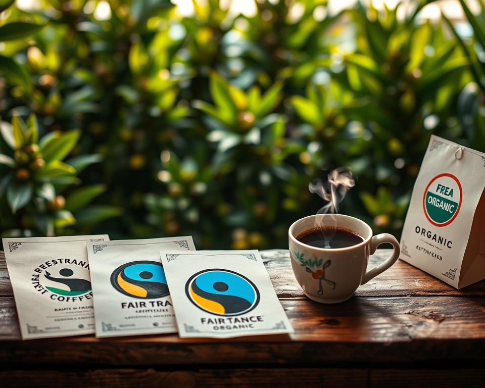A visually appealing arrangement of various sustainable coffee certifications showcased prominently in the foreground. The certifications include Rainforest Alliance, Fair Trade, and Organic, each represented by their distinctive logos on eco-friendly paper certificates. In the middle ground, a steaming cup of coffee is placed on a rustic wooden table, suggesting a deep connection to sustainable practices. The background features lush green coffee plants, emphasizing the importance of biodiversity in sourcing. Soft, natural lighting filters through the scene, creating a warm and inviting atmosphere. The angle is slightly overhead, enhancing the depth and richness of the colors. The overall mood is one of sustainability, ethical sourcing, and appreciation for nature's gifts.