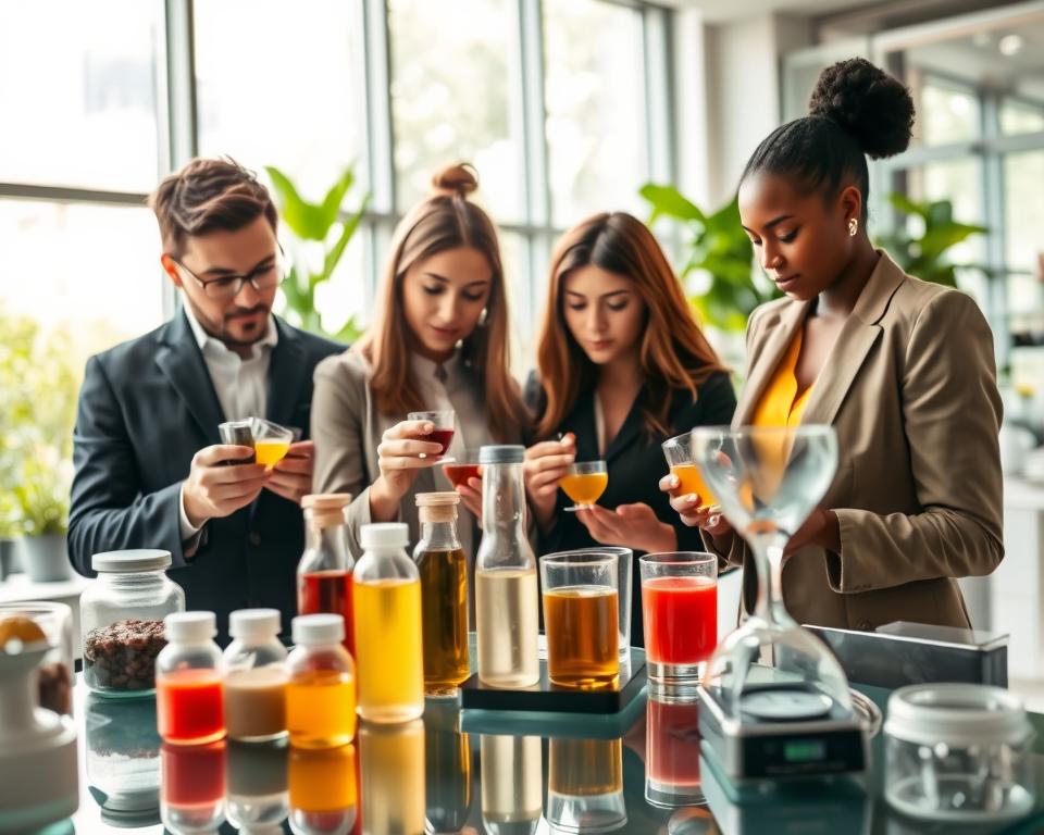 A visually captivating representation of sensory perception, featuring a diverse group of three professionals in a modern evaluation lab, dressed in professional business attire. In the foreground, they are engaged in a sensory testing activity, examining colorful samples of food and drinks with intense focus. The middle ground showcases a sleek, glass table filled with various sensory evaluation tools like aroma jars, tasting bowls, and scales. In the background, large windows let in soft, natural light that creates a warm and inviting atmosphere, highlighting a modern workspace with greenery. The mood is one of concentration and collaboration, with soft focus to enhance the depth and give the image a professional yet approachable vibe. The angle is slightly above eye level, capturing the depth of the lab environment.