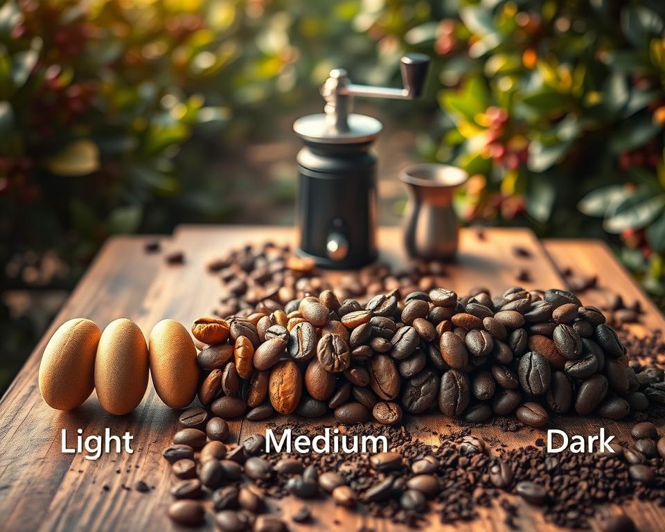 A visually striking display of coffee roast levels, showcasing a gradient from light to dark roasts in an artistic arrangement. Foreground features several distinct coffee beans labeled with roast levels: light, medium, and dark, each vibrant in color, reflecting their unique hues. The middle ground displays a rustic wooden table adorned with a hand grinder and a brewing setup, with scattered coffee grounds hinting at the roast journey. The background consists of softly blurred coffee plants, creating a lush, green atmosphere. Natural warm lighting pours in from the side, creating gentle highlights on the beans, enhancing their textures. The overall mood is inviting and educational, aiming to immerse viewers in the fascinating world of coffee flavors and roasts.
