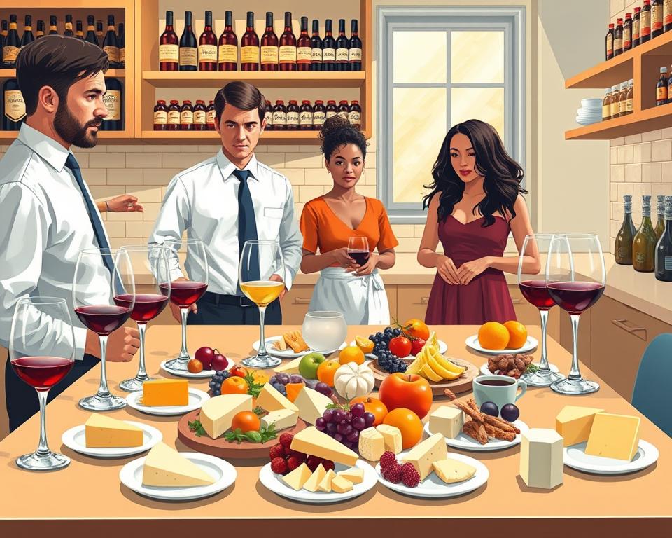 A visually striking illustration depicting common mistakes in palate training, focusing on a well-organized kitchen setting. In the foreground, a diverse group of three individuals (two men and one woman) in professional attire, attentively observing mismatched wine glasses and poorly arranged tasting plates featuring various cheeses and fruits. In the middle ground, a table cluttered with ingredients, some incorrectly paired, showcasing a lack of balance in flavors—brightly colored food items contrasting with dull, neutral tones. The background features shelves of wine and spices, softly illuminated by warm, natural light filtering through a window. The atmosphere exudes a sense of learning from mistakes, with an educational yet relaxed vibe, inviting viewers to reflect on their own palate training journeys. A visually striking illustration depicting common mistakes in palate training, focusing on a well-organized kitchen setting. In the foreground, a diverse group of three individuals (two men and one woman) in professional attire, attentively observing mismatched wine glasses and poorly arranged tasting plates featuring various cheeses and fruits. In the middle ground, a table cluttered with ingredients, some incorrectly paired, showcasing a lack of balance in flavors—brightly colored food items contrasting with dull, neutral tones. The background features shelves of wine and spices, softly illuminated by warm, natural light filtering through a window. The atmosphere exudes a sense of learning from mistakes, with an educational yet relaxed vibe, inviting viewers to reflect on their own palate training journeys.