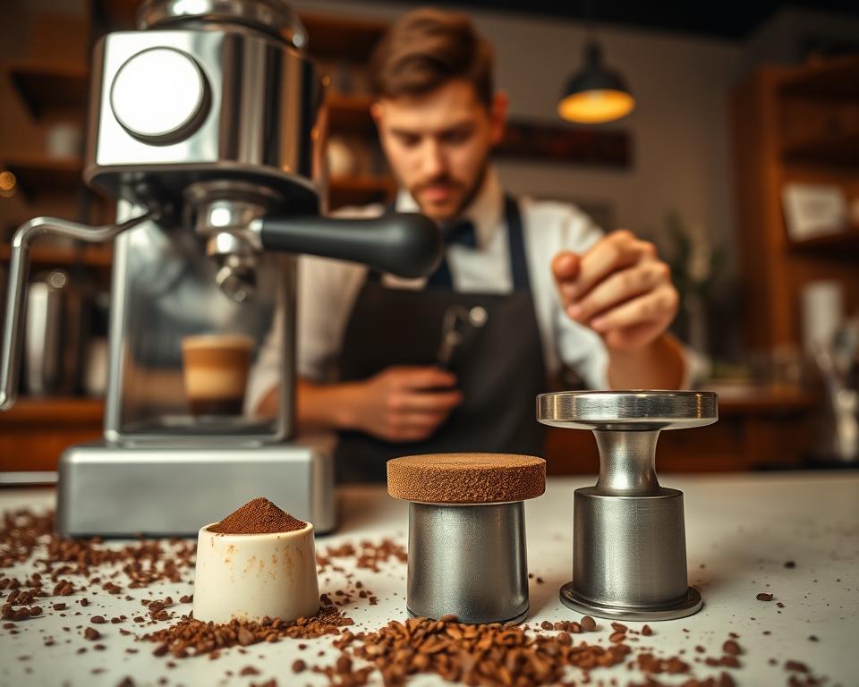 An espresso machine set on a countertop cluttered with coffee grounds, showcasing common tamping mistakes. In the foreground, a poorly tamped coffee puck, slightly uneven and too loose, alongside a clean, perfectly tamped puck for comparison. In the middle, a barista in professional attire lightly frustrated, holding a tamper with one hand while examining the tamping technique of the uneven puck with a focused expression. The background features a cozy café atmosphere with warm lighting, wooden accents, and blurred coffee equipment. The composition emphasizes the contrast between the mistakes and correct techniques, creating an educational yet inviting mood.